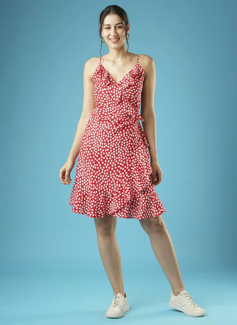 جلو باص فستان جلوبس نسائي بنقاط البولكا بياقة ملفوفة مكشكشة وأشرطة على الأكتاف وربطة خصر بقصة واسعة